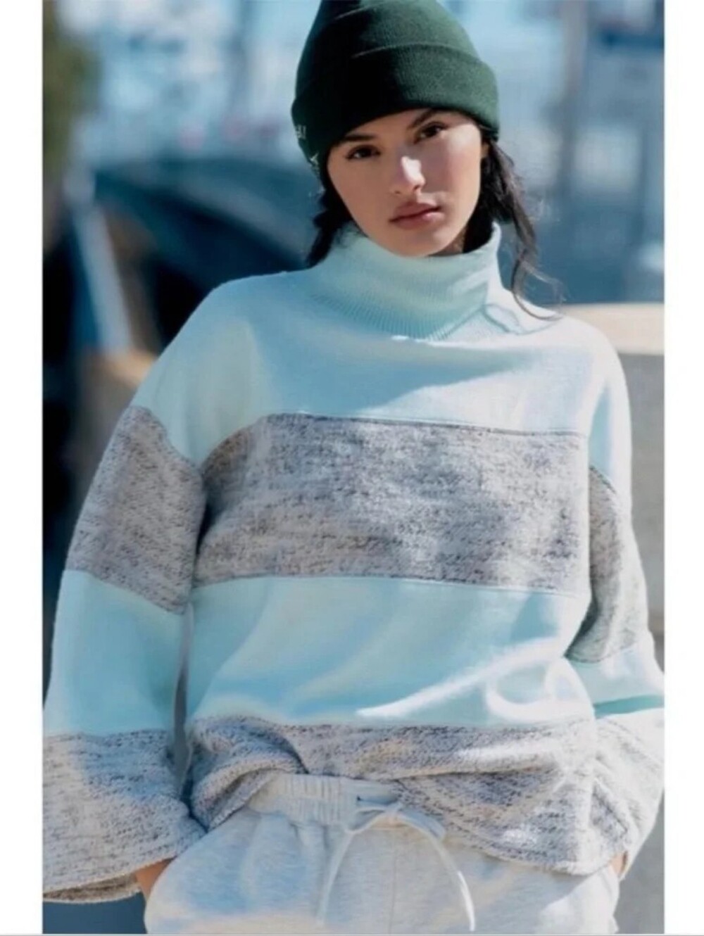 Anthropologie Daily Practice Oversized Colorblock Turtleneck Sweater Blue Grey S